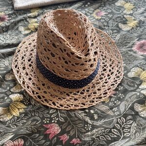 Tory Burch Tan Straw Hat with Navy Band